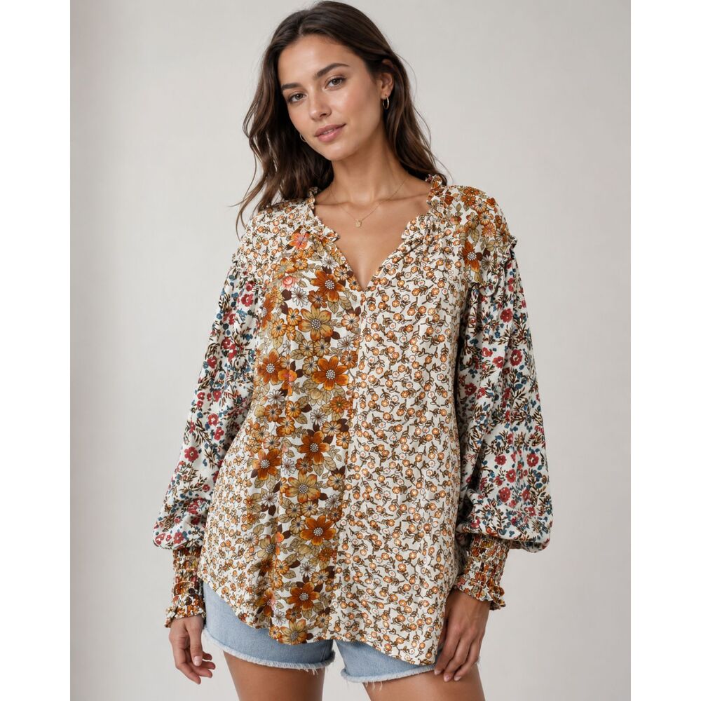 Umgee Womens Blouse L Mixed Floral Patchwork Boho Peasant Top Long Sleeve Ruffle